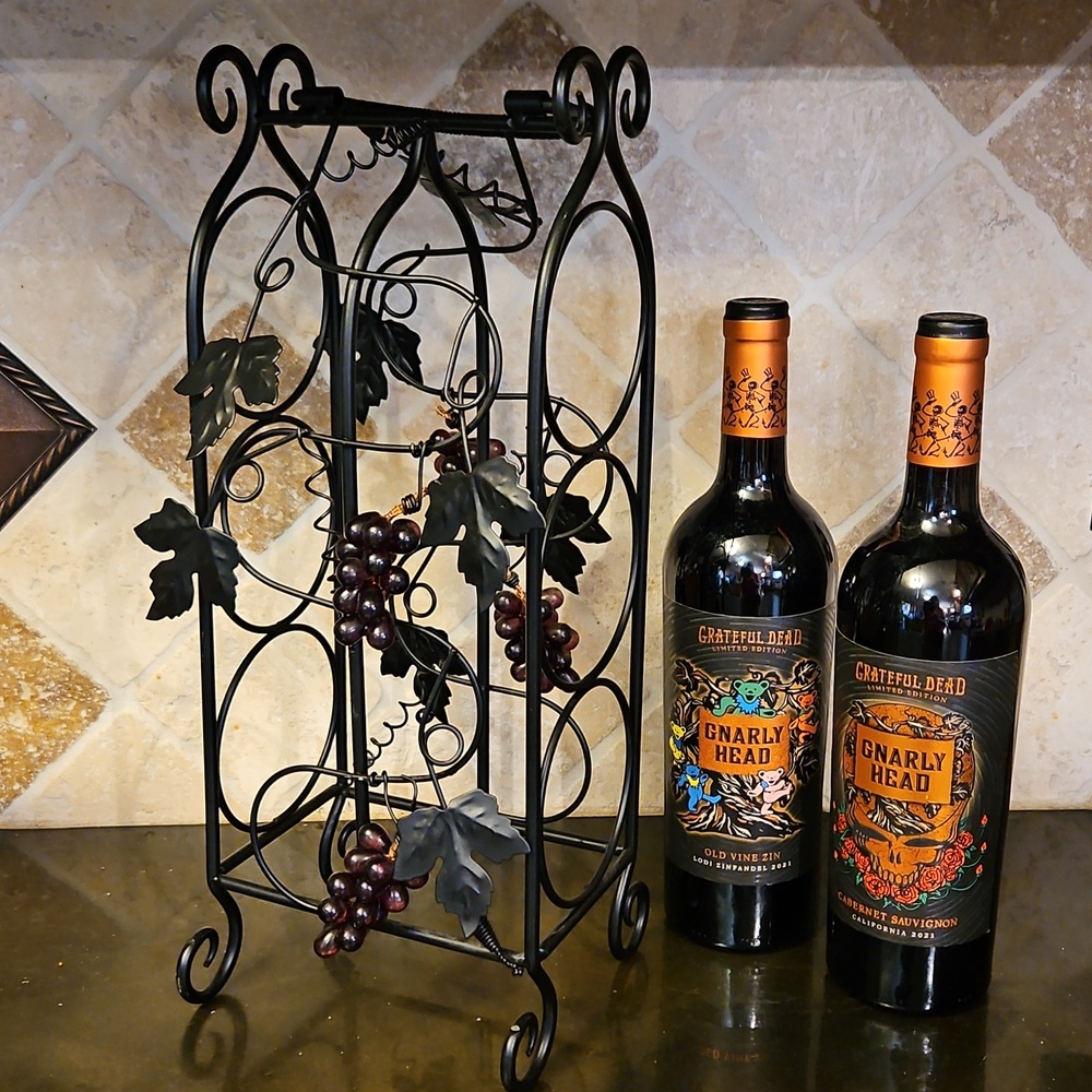 Wrought Iron Wine Bottle Holder with Beaded Grape Clusters and Vine Accents -